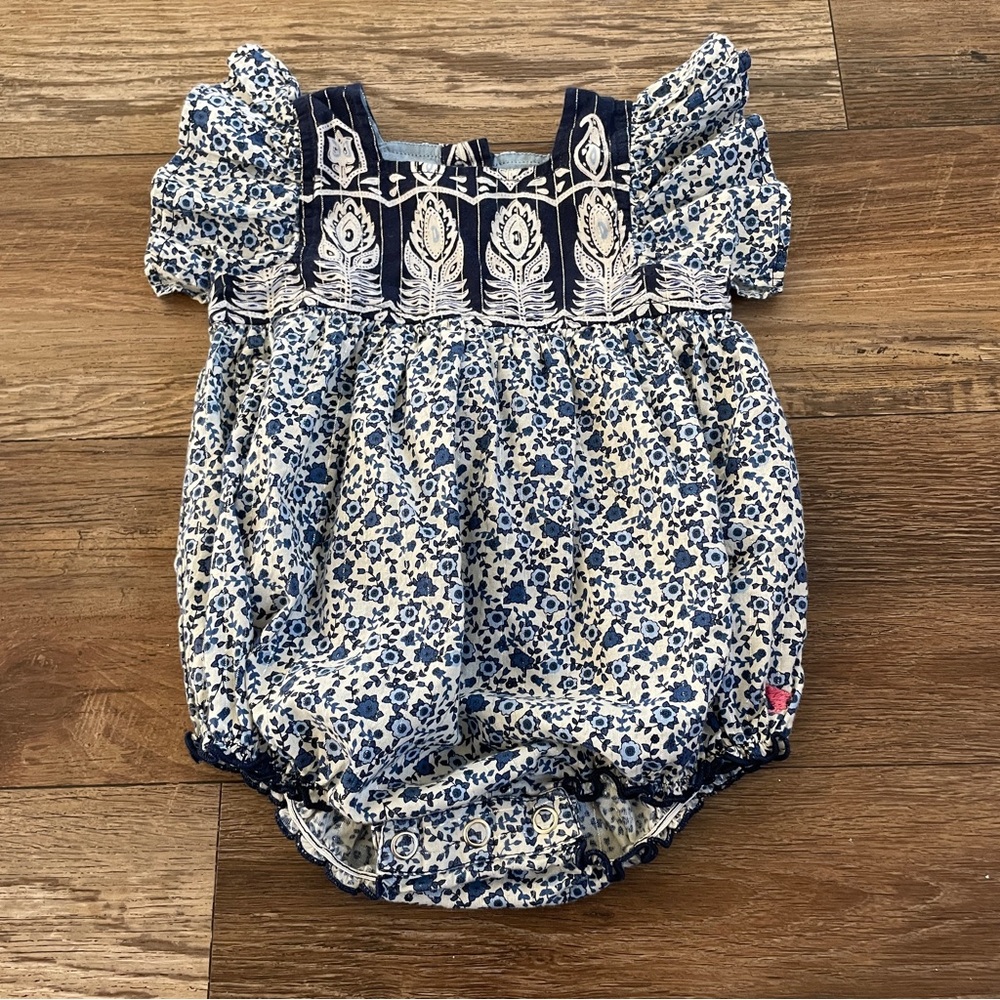 Pink Chicken baby floral blue onesie 3/6 months